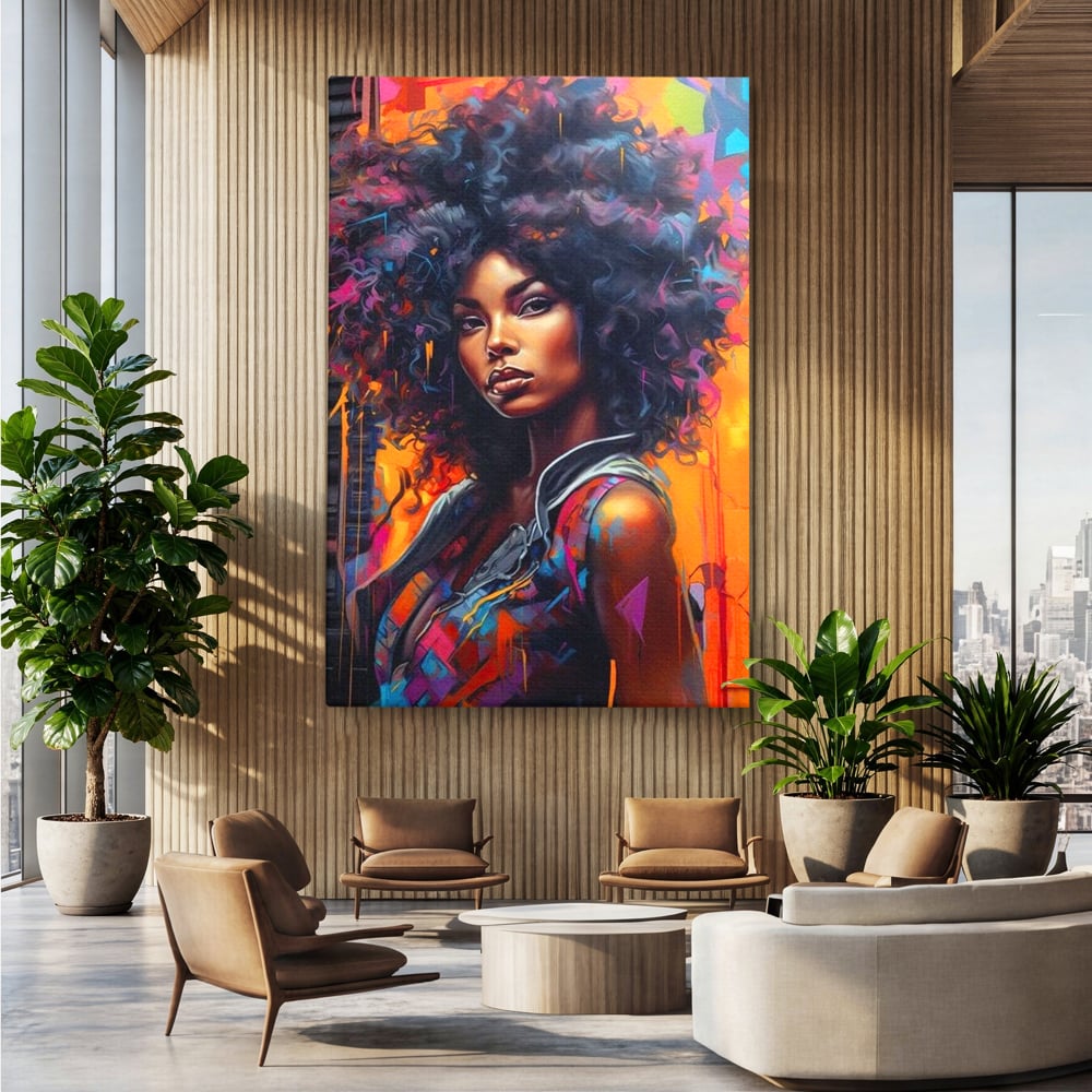 Tablou canvas cu tablou canvas cu portret urban afro, fara rama, pe sasiu de lemn, pe perete intr-un birou